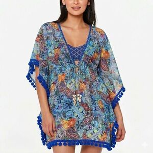Bleu Rod Beattie Multi Let Loose Paisley Chiffon Swim Coverup Kaftan Pom SZ L